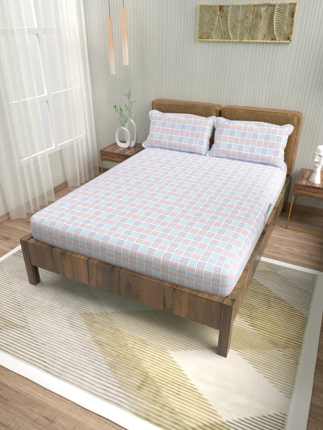 buy geometric snow white cotton double bed fitted bedsheets online – side view